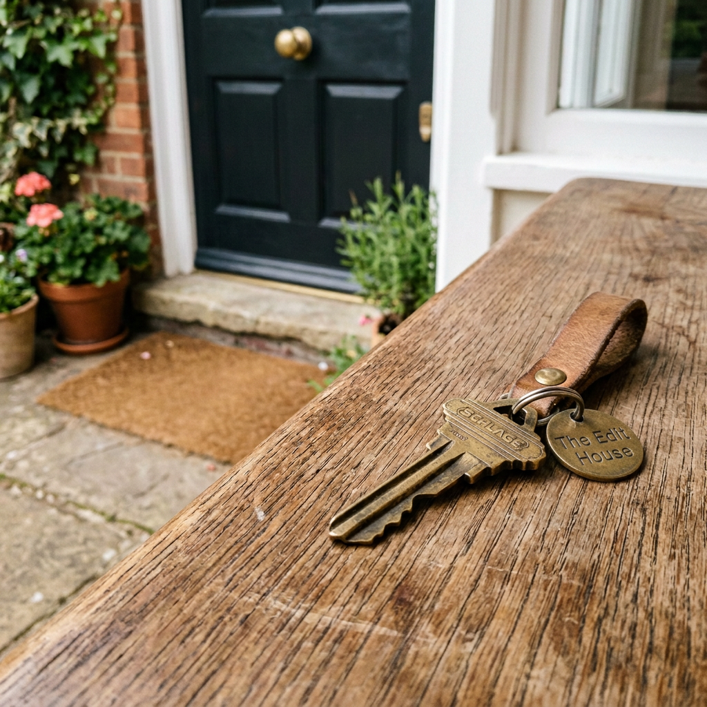 Brass key labeled HOME 203 on wooden table outside a black front door
